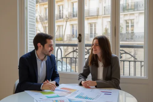 Vue d’un technicien expliquant à un couple les différentes aides financières pour l’installation d’une pompe à chaleur moderne
