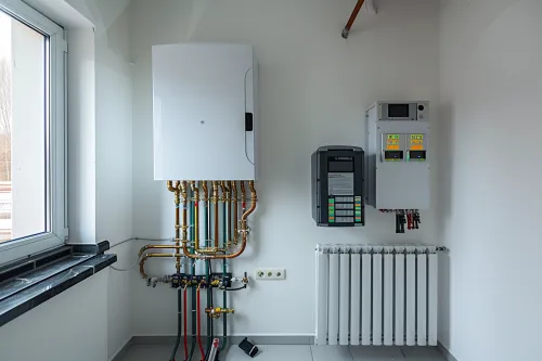 Schéma explicatif montrant le principe de fonctionnement d’une PAC air-eau installée en intérieur, avec circulation d’eau chaude vers les radiateurs