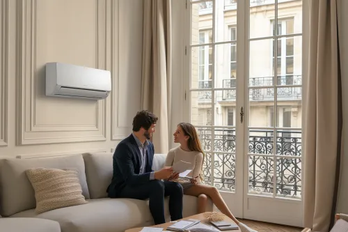 Schéma explicatif d’une pompe à chaleur air-air installée en rénovation, montrant le circuit de l’air, l’unité extérieure et les ventilo-convecteurs intérieurs