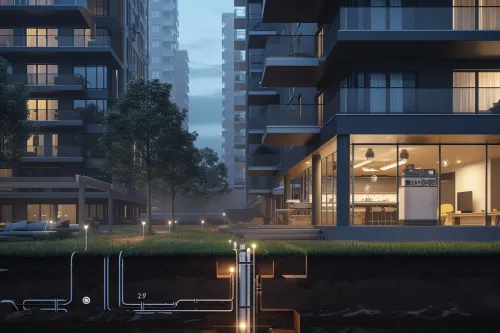 Schéma explicatif du fonctionnement d’une pompe à chaleur géothermique, montrant la captation de chaleur dans le sol et sa diffusion dans la maison