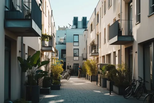 Technicien installant une pompe à chaleur sur une toiture plate d’immeuble, avec outillage professionnel et dispositifs de sécurité