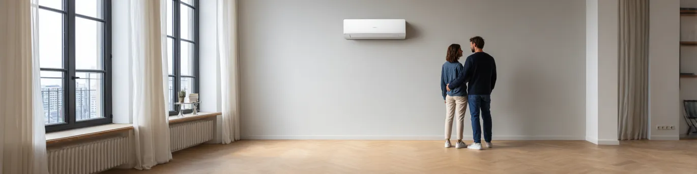 Installation discrète d’une pompe à chaleur en appartement, unité intérieure silencieuse et sécurisée pour un confort thermique optimal