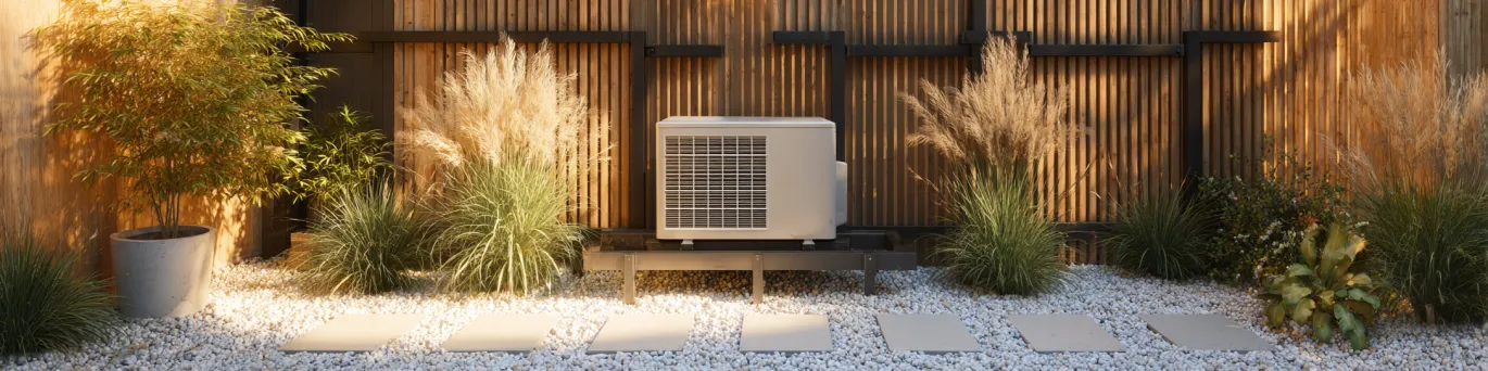 Pompe à chaleur discrète dans un petit jardin, avec support antivibratile, écran antibruit et décoration végétale harmonieuse