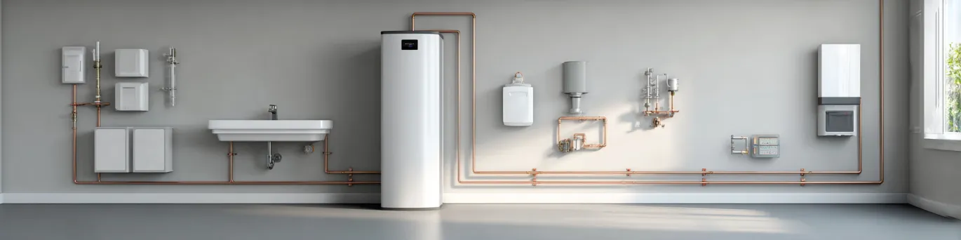 Installation intérieure d’une pompe à chaleur air-eau montrant les bonnes distances de sécurité et l’emplacement optimal à respecter