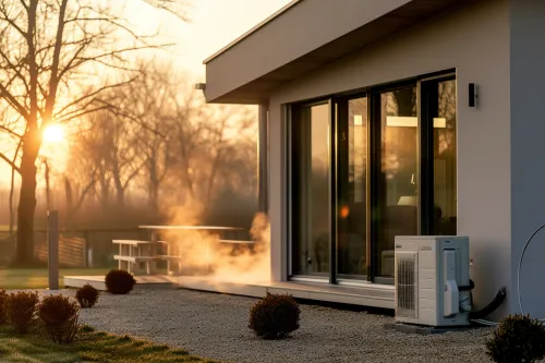 Schéma explicatif d’une pompe à chaleur air-eau montrant le circuit de fluide frigorigène entre unité extérieure et plancher chauffant