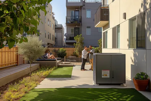 Vue d’un petit jardin urbain soumis à la réglementation acoustique, montrant des solutions pour limiter les nuisances sonores